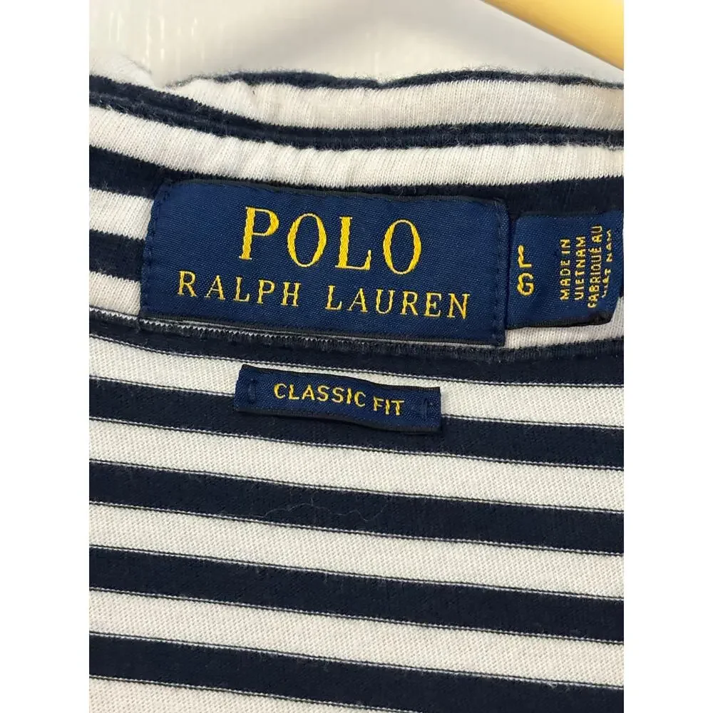 POLO RALPH LAUREN Shirt Mens Large L Classic Fit Striped Pocket Polo Navy White